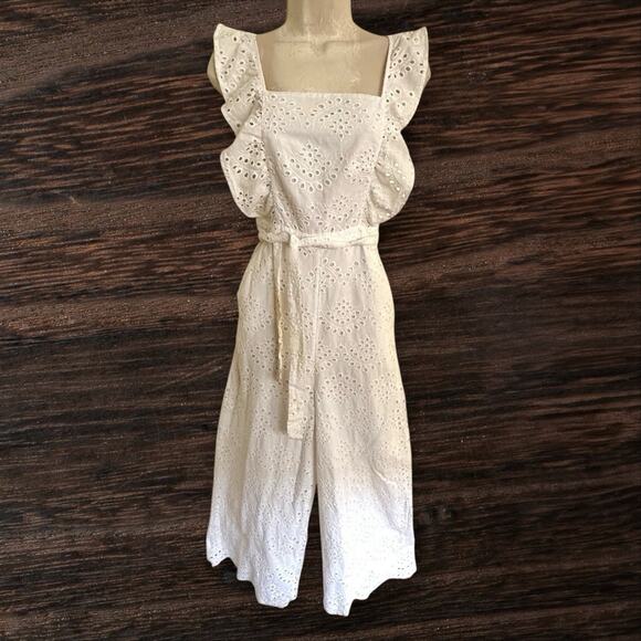 Topshop Overalls NEW w Tags Sz 2 Wide Legs Eyelet Apron Tie Waist Ruffle White - Picture 3 of 12
